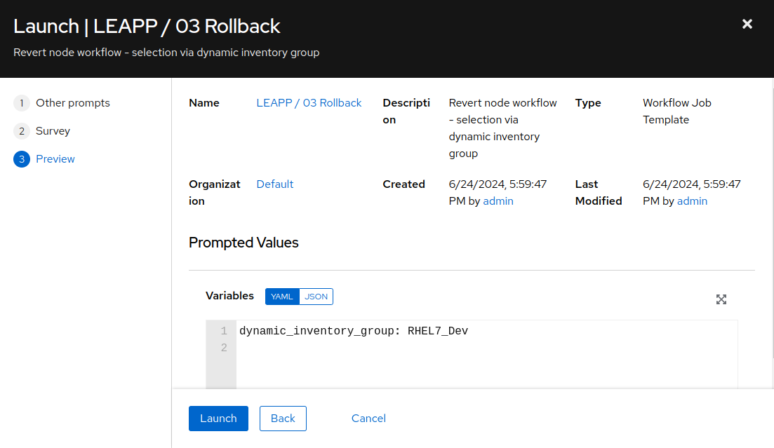 AAP Web UI showing the rollback job preview prompt