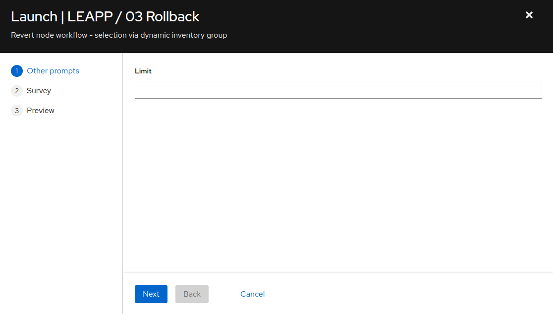 AAP Web UI showing the rollback job limit prompt