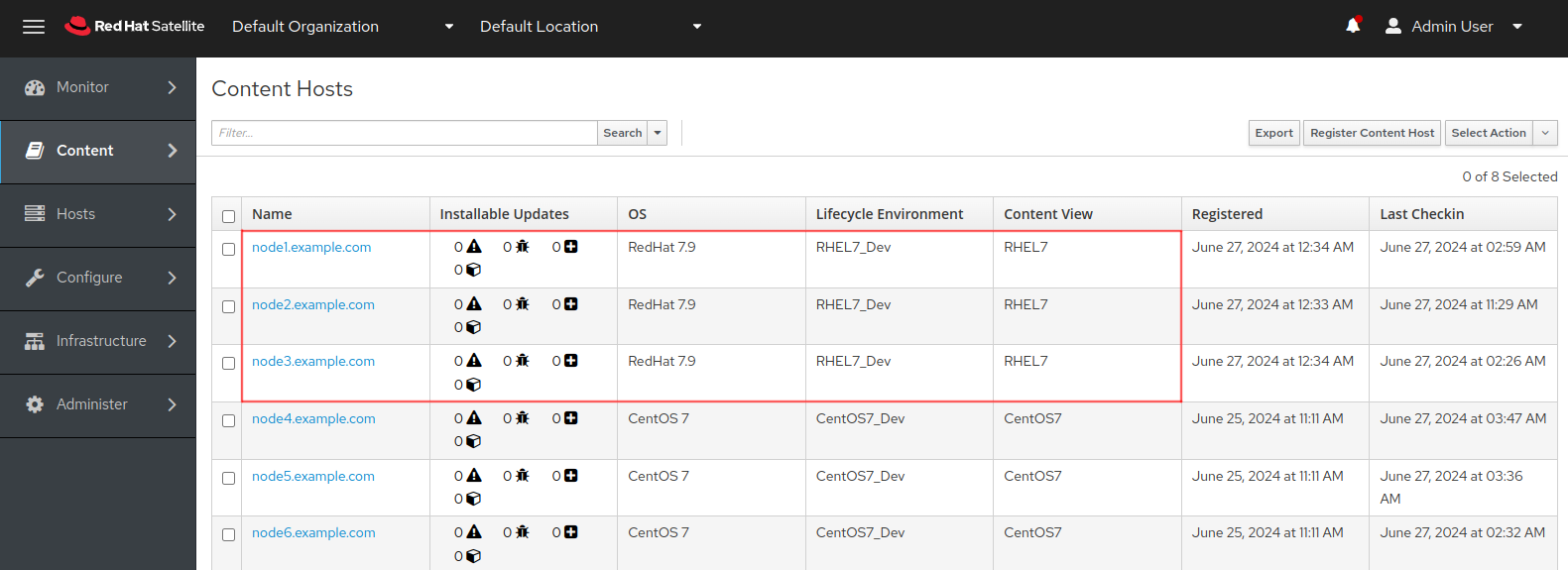 Satellite Content Hosts showing RHEL7