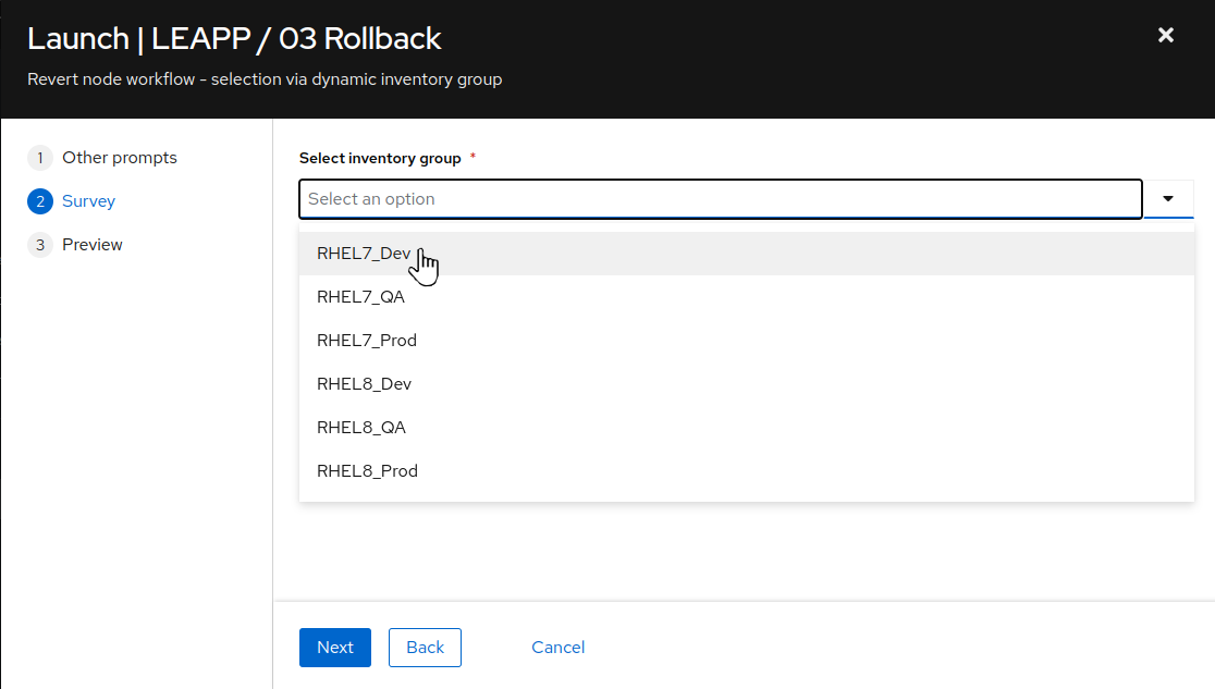 AAP Web UI showing the rollback job survey prompt