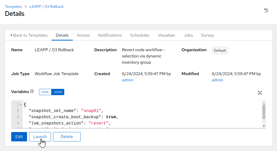 AAP Web UI showing the rollback job template details view